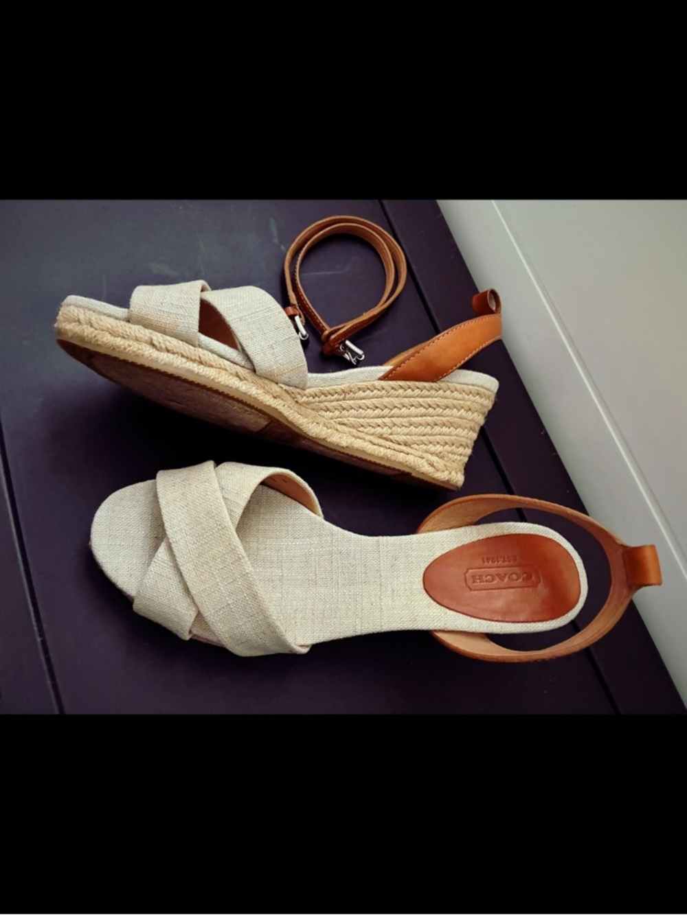 Coach Criss-Cross Canvas and Tan Leather Espadrille Wedges